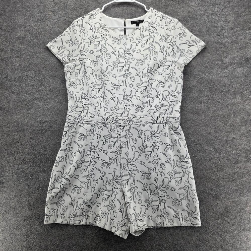 Banana Republic Romper Womens 14 White Black Floral Short Sleeve Zip Back Lined